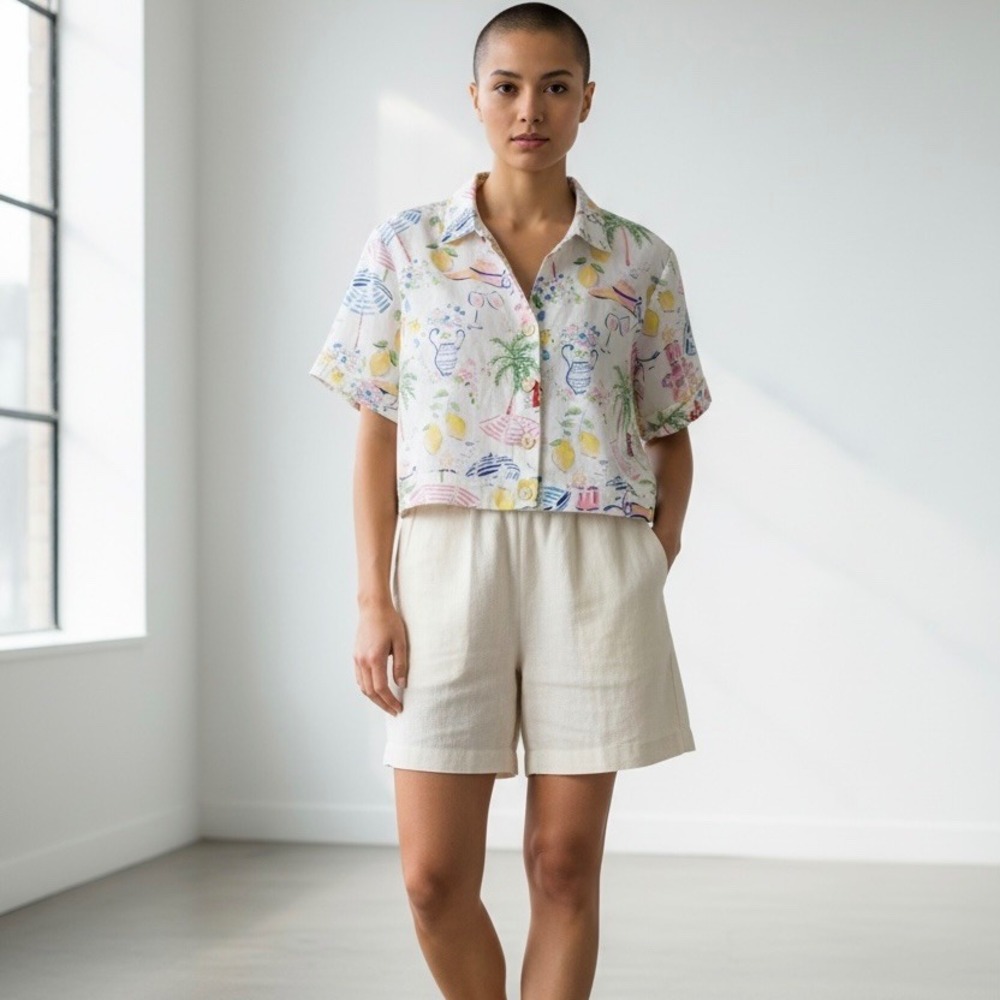 Calypso St.‎ Barth Linen Blend Coastal Print Cropped Button Front Top Large